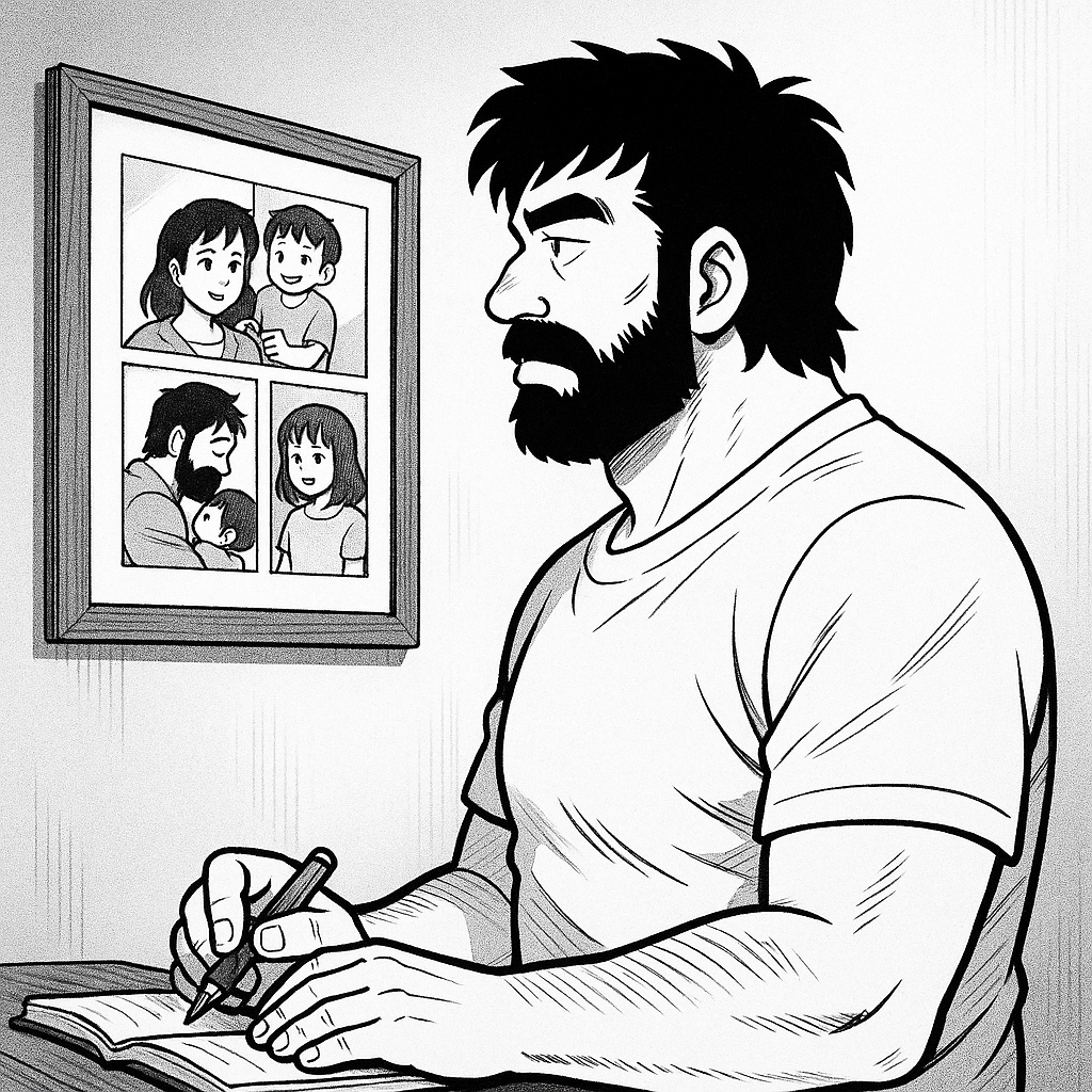 Vater schaut auf Familienfoto und schreibt