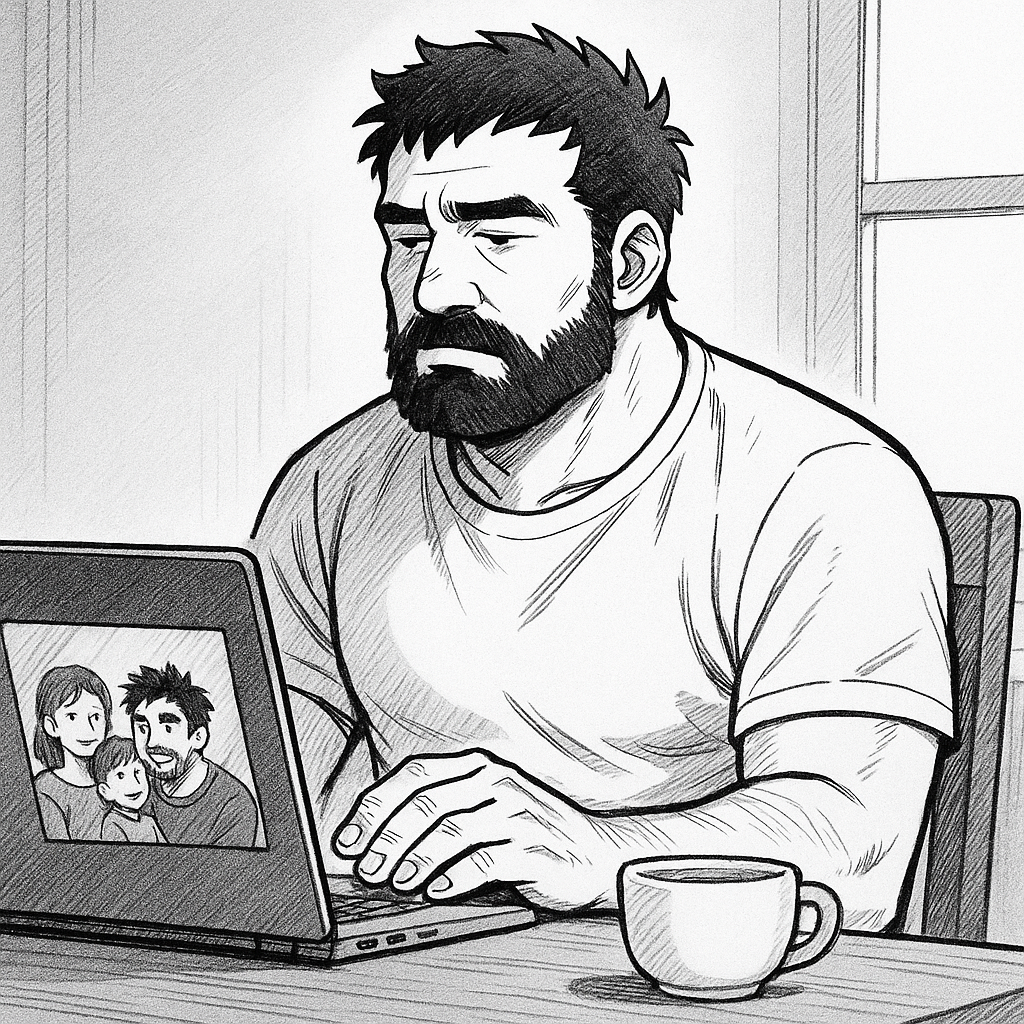 Vater arbeitet am Laptop ohne präsent zu sein