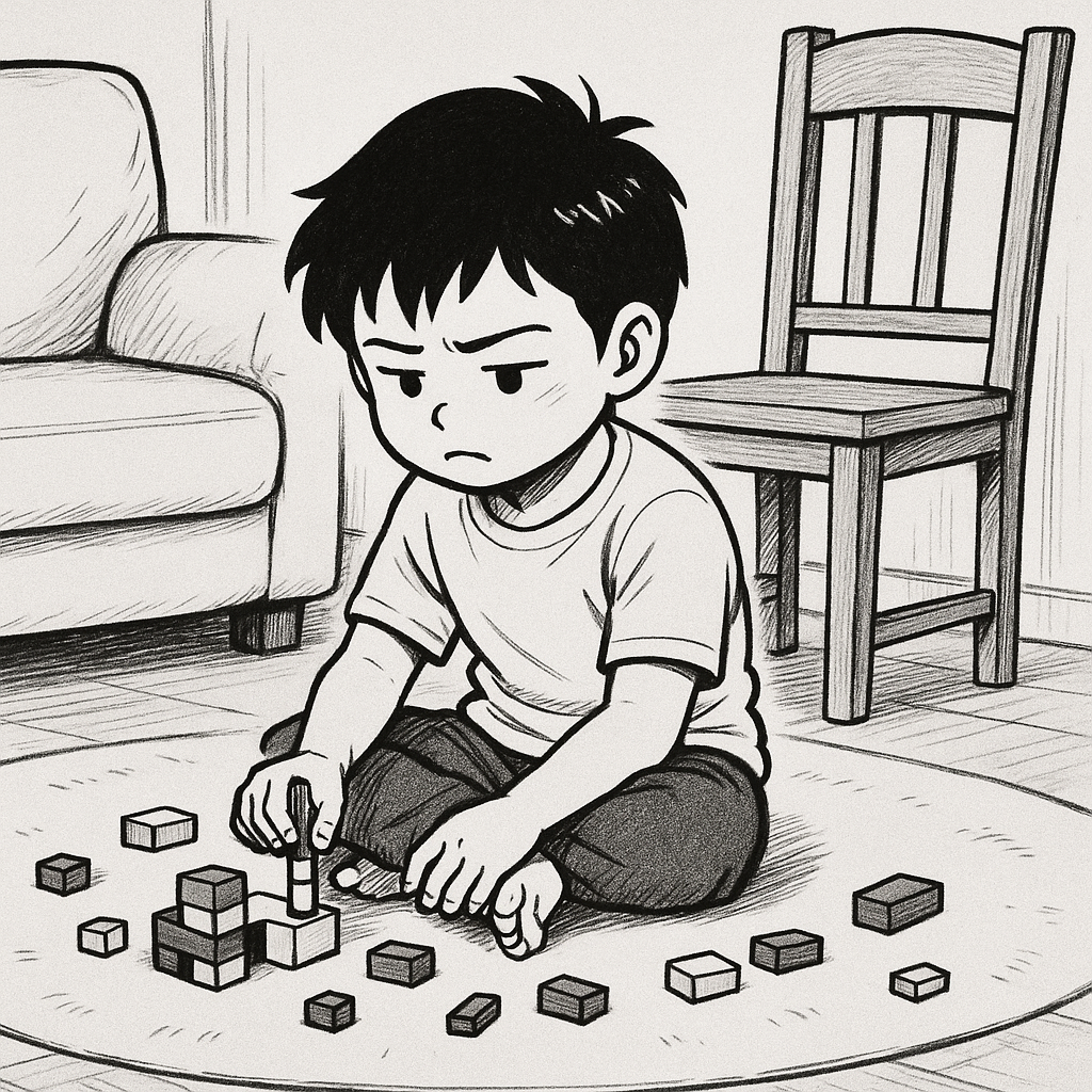 Kind spielt allein mit Bauklötzen