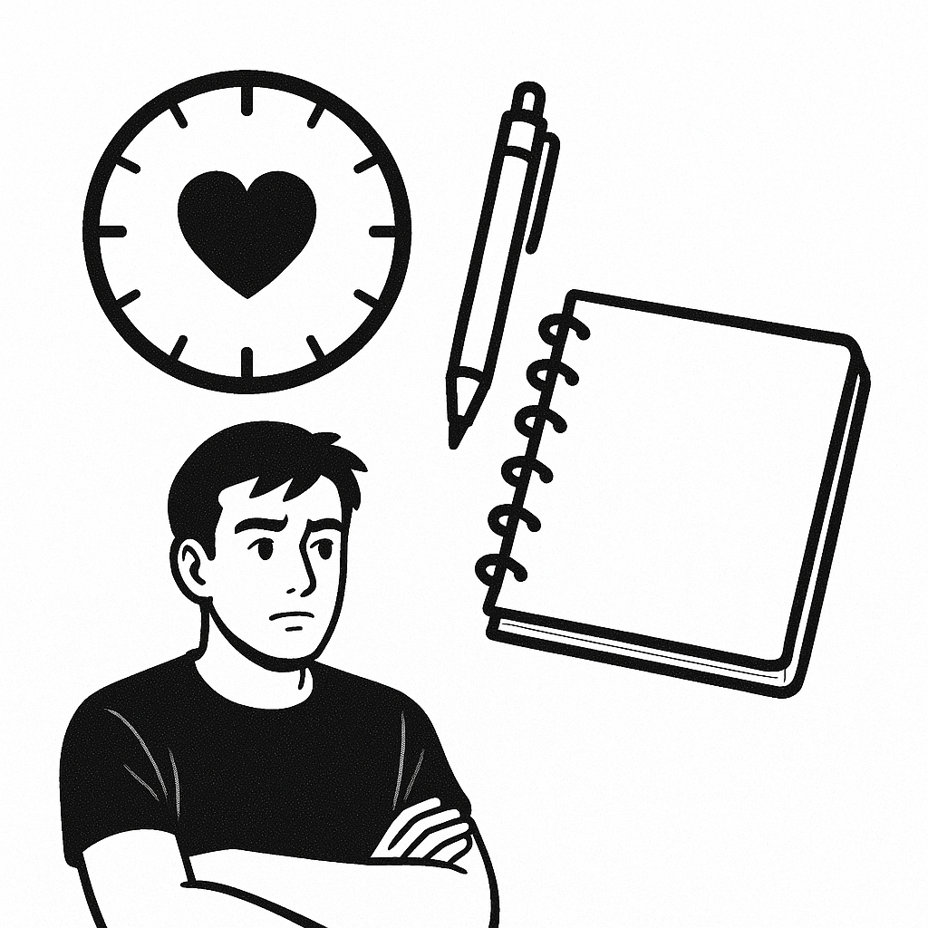 ein Mann, ein Stift, ein Notizbuch und eine Uhr mit Herz